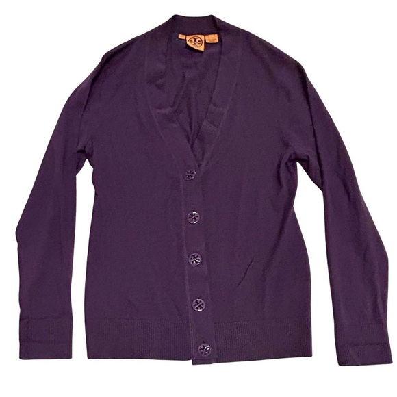 Tory Burch Merino Wool Button-Front Cardigan | Size L | Deep Purple - Picture 1 of 4